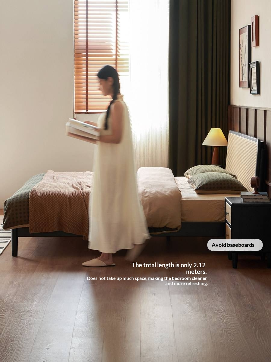 Oak Solid Wood Bed — Black Slab Rattan Vintage Style Bed