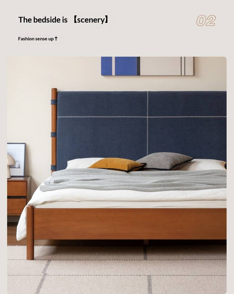 Poplar Solid Wood Bed with Vintage High Backrest and Soft Upholstery