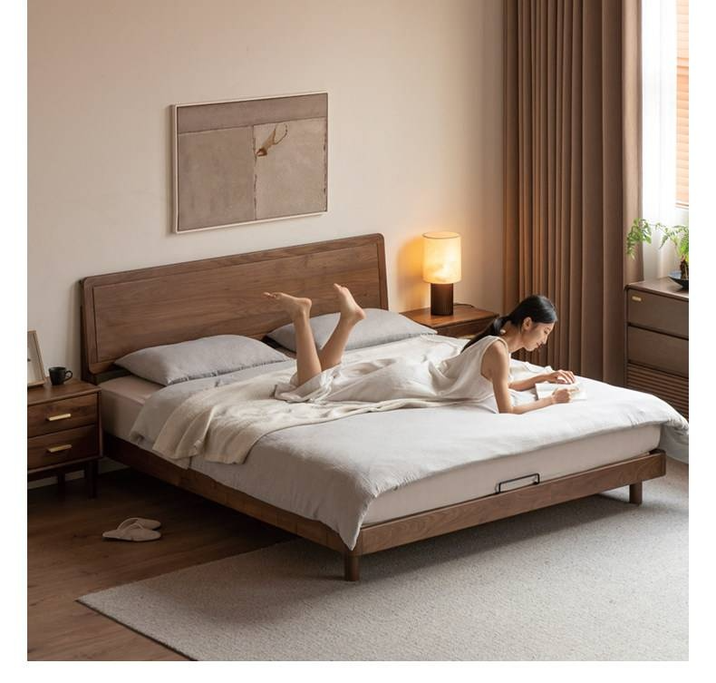 Black Walnut Solid Wood Bed — Modern Minimalist Large Slab Bed