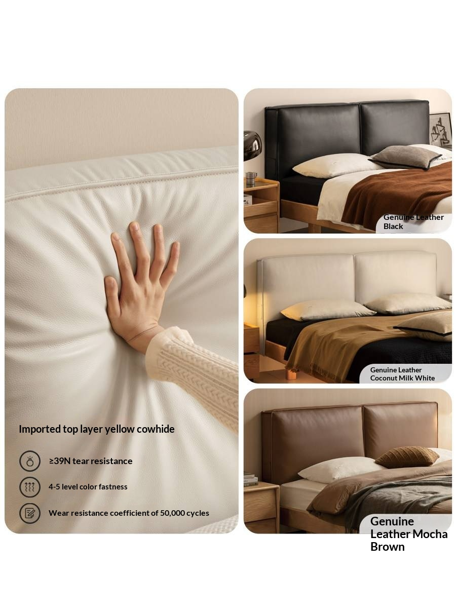 Ash Solid Wood Floating Bed — Modern Minimalist, Genuine Leather Upholstery