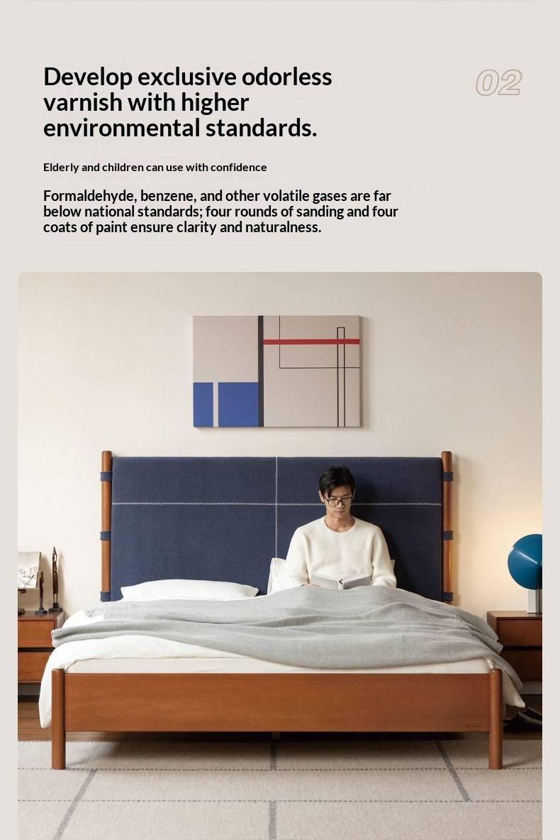 Poplar Solid Wood Bed with Vintage High Backrest and Soft Upholstery