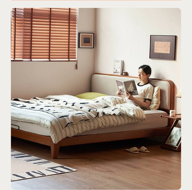 Poplar Solid Wood Bed — Vintage Style with Soft Backrest, Genuine Leather and Edge Finish