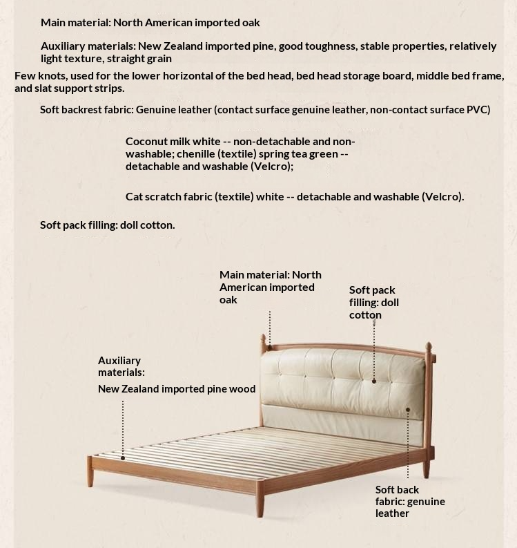 Oak Solid Wood Bed — Modern Minimalist with Genuine Leather and Soft Headboard