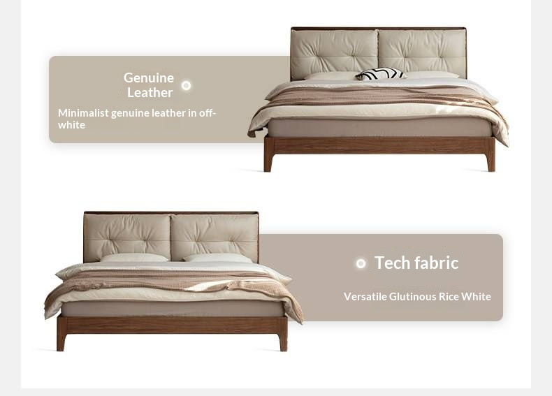 Black Walnut, Sandalwood Solid Wood Bed — Genuine Leather Upholstered, Simple Luxury Design