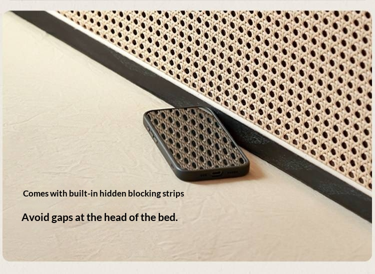 Oak Solid Wood Bed — Black Slab Rattan Vintage Style Bed