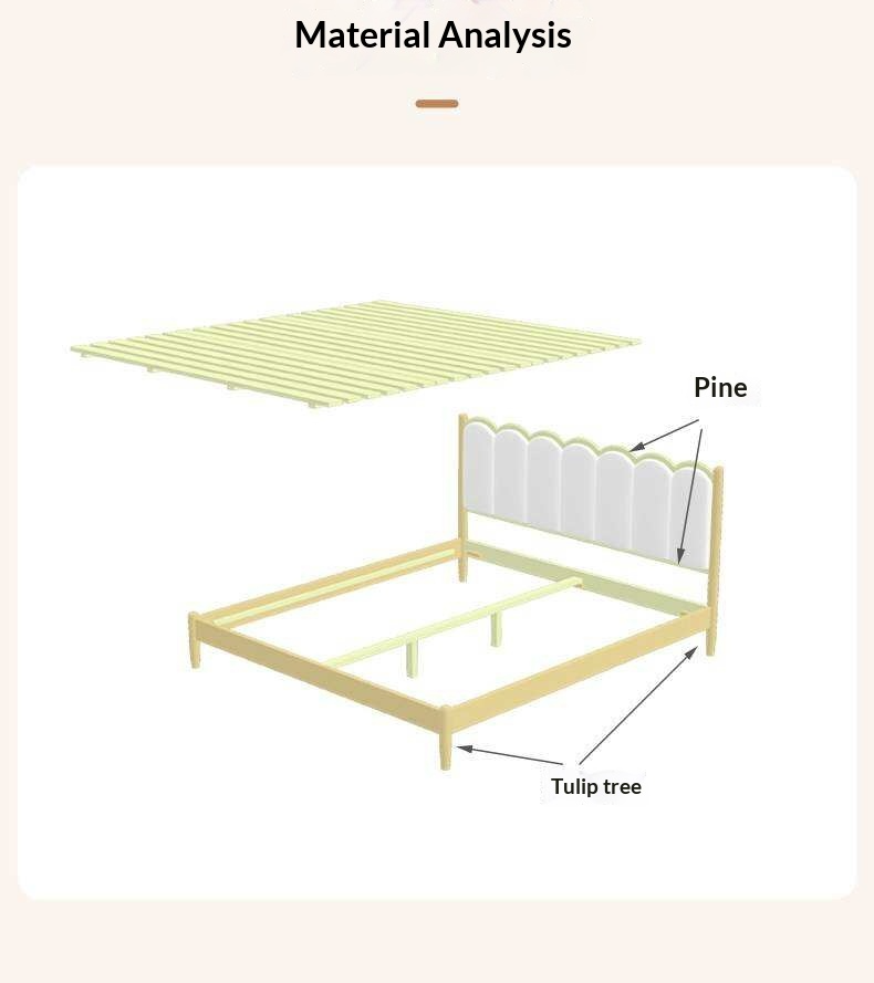 Rubberwood Solid Wood Upholstered Bed with Scalloped Headboard, French Cream Style