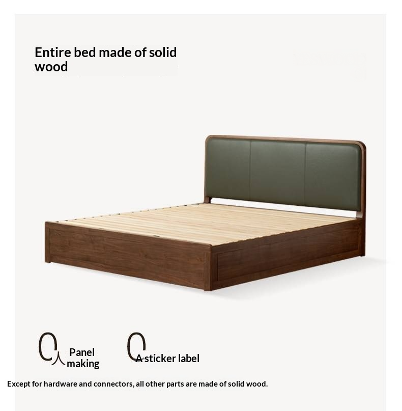 Black Walnut Solid Wood Box Bed — Soft Headboard, Italian Light Luxury Genuine Leather Bed