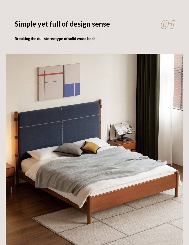 Poplar Solid Wood Bed with Vintage High Backrest and Soft Upholstery