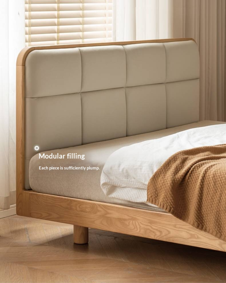 Ash Solid Wood Bed with Top Grain Cowhide Upholstery in Modern Minimalist Style
