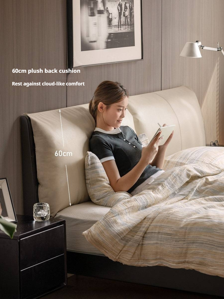 Rubberwood Solid Wood Bed — Modern Minimalist Design with Upholstered Genuine Leather