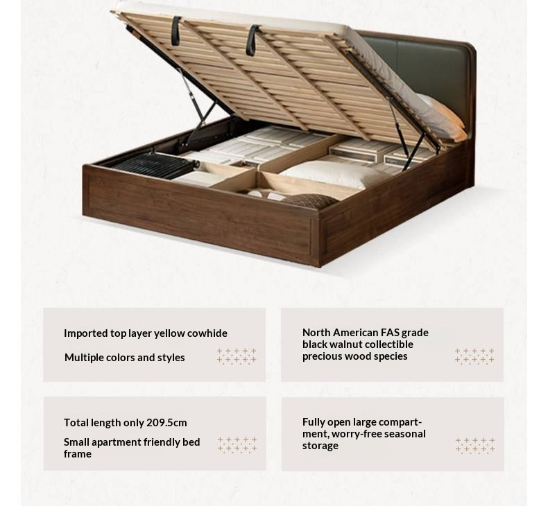 Black Walnut Solid Wood Box Bed — Soft Headboard, Italian Light Luxury Genuine Leather Bed