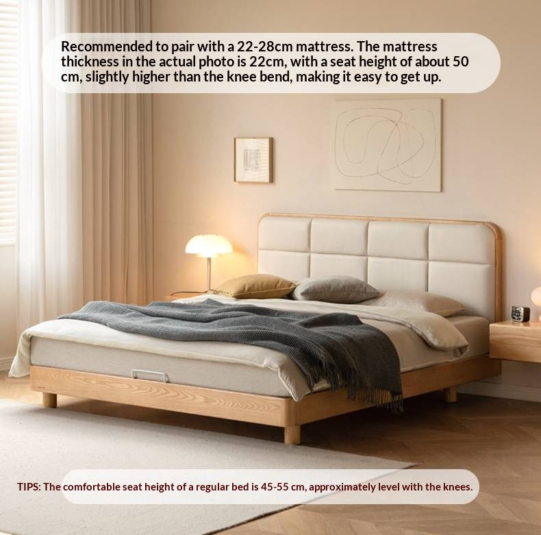 Ash Solid Wood Bed with Top Grain Cowhide Upholstery in Modern Minimalist Style