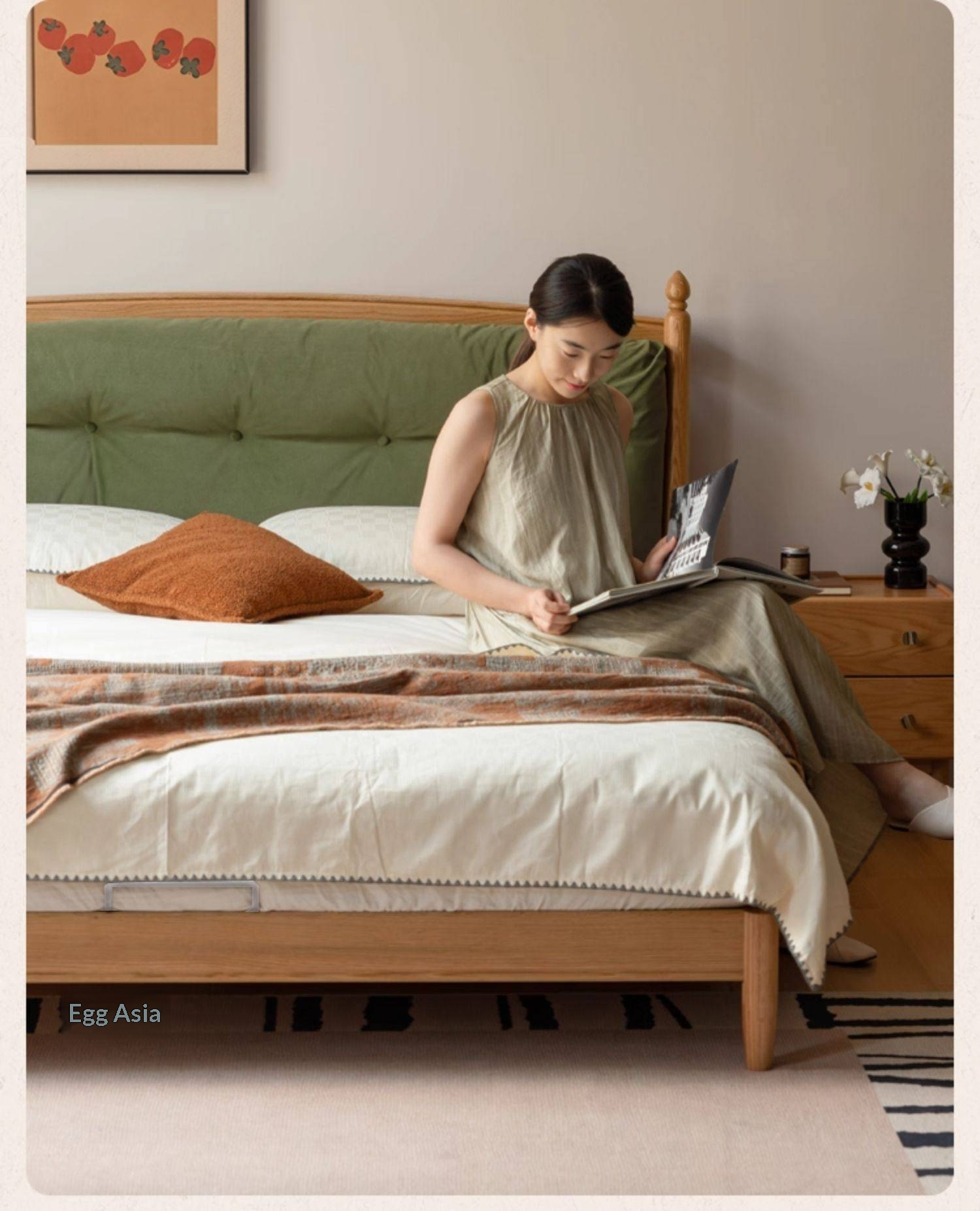 Oak Solid Wood Bed — Modern Minimalist with Genuine Leather and Soft Headboard