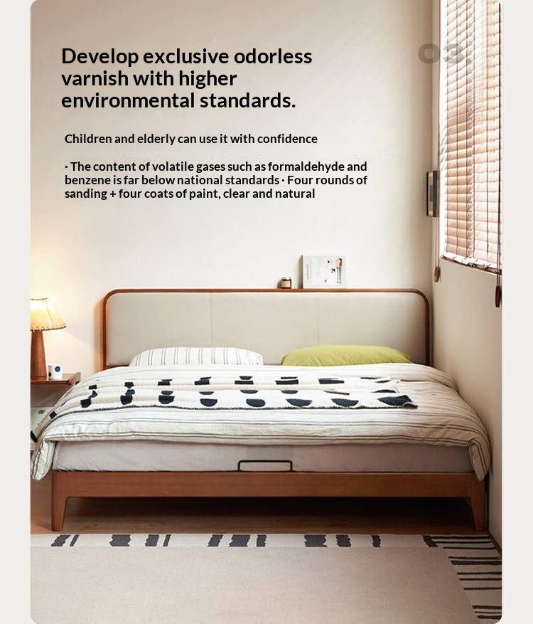 Poplar Solid Wood Bed — Vintage Style with Soft Backrest, Genuine Leather and Edge Finish