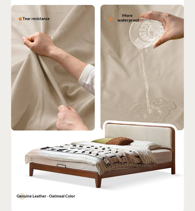 Poplar Solid Wood Bed — Vintage Style with Soft Backrest, Genuine Leather and Edge Finish