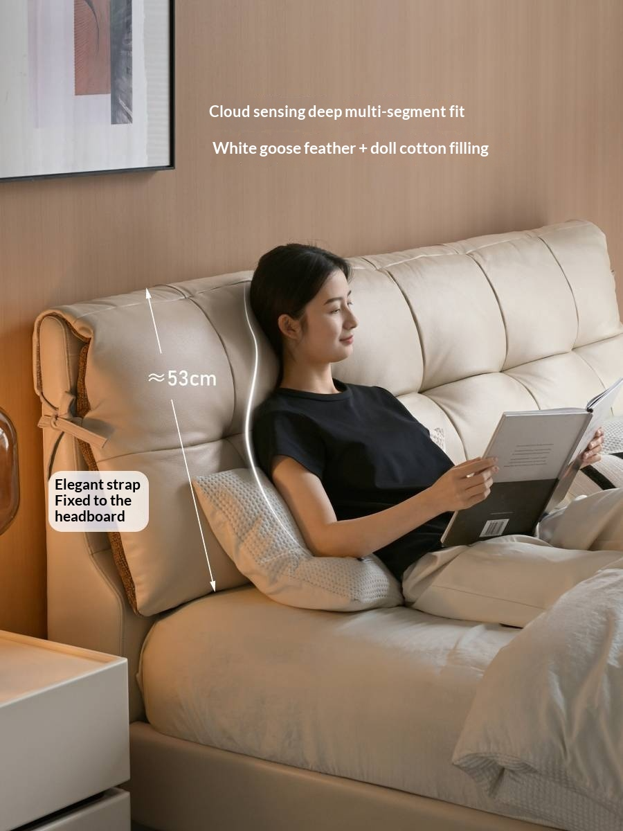 Genuine Leather Italian Light Luxury White Soft Headboard Bed