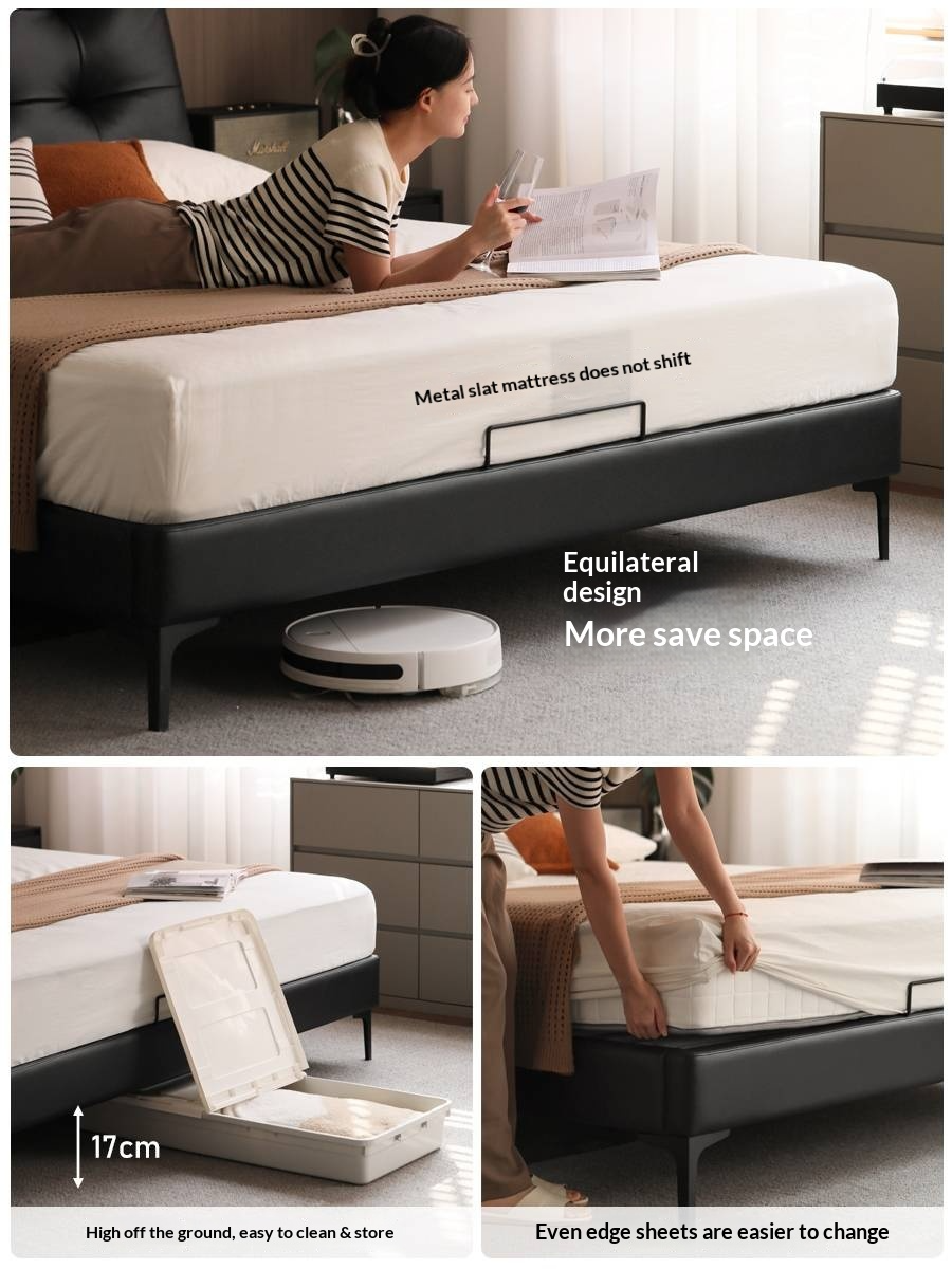 Genuine Leather Upholstered Double Bed in Solid Wood Frame