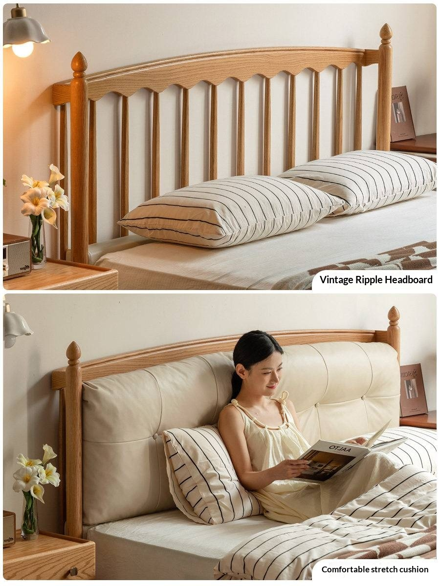 Oak Solid Wood Bed — Modern Minimalist with Genuine Leather and Soft Headboard