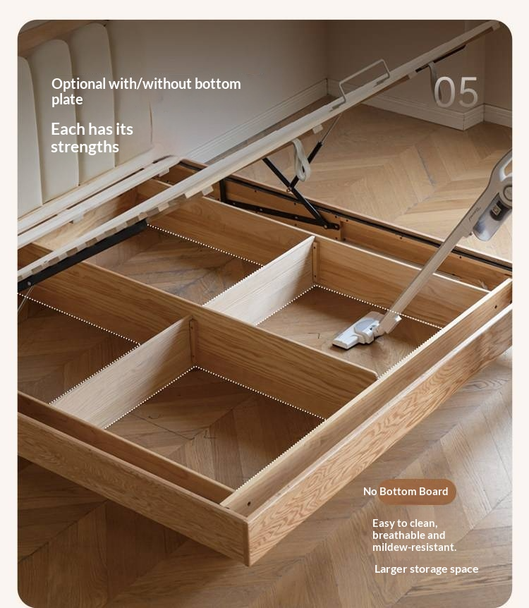 Oak Solid Wood Box Bed — Suspension and Upholstered with Genuine Leather  Piano Key Design