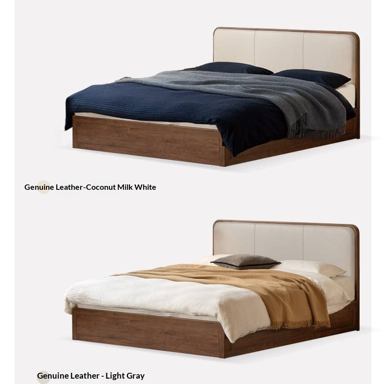 Black Walnut Solid Wood Box Bed — Soft Headboard, Italian Light Luxury Genuine Leather Bed