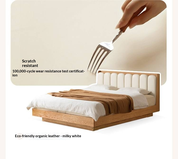 Oak Solid Wood Box Bed — Suspension and Upholstered with Genuine Leather  Piano Key Design