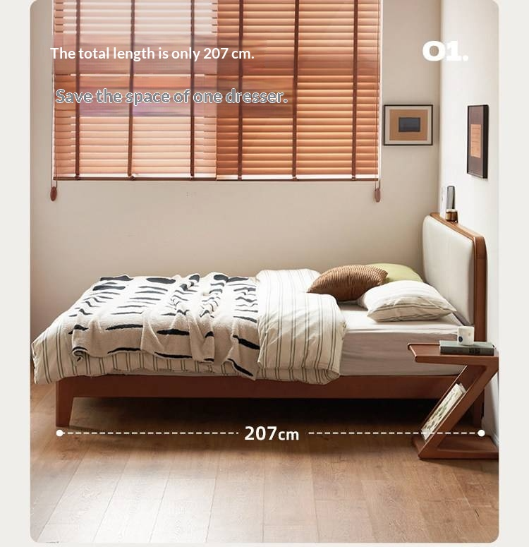 Poplar Solid Wood Bed — Vintage Style with Soft Backrest, Genuine Leather and Edge Finish