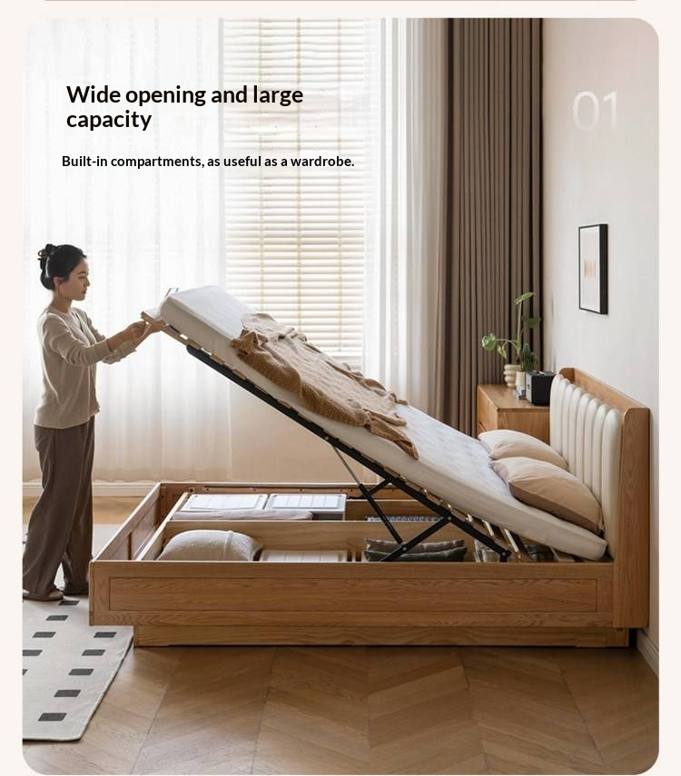 Oak Solid Wood Box Bed — Suspension and Upholstered with Genuine Leather  Piano Key Design