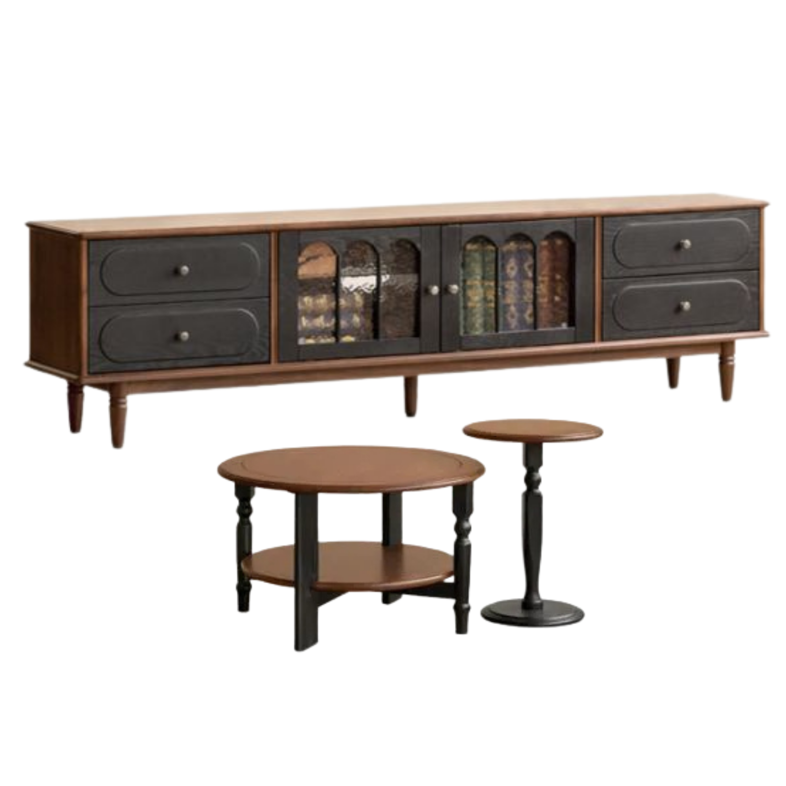 Black Walnut +ash Solid Wood  French Country TV Console with Arched Glass Doors