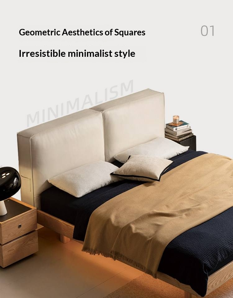 Ash Solid Wood Floating Bed — Modern Minimalist, Genuine Leather Upholstery