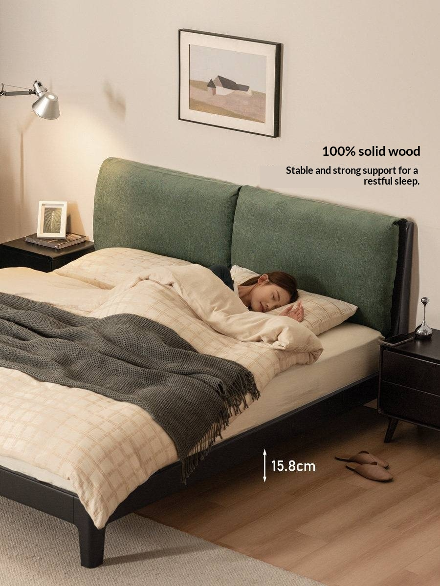 Rubberwood Solid Wood Bed — Modern Minimalist Design with Upholstered Genuine Leather