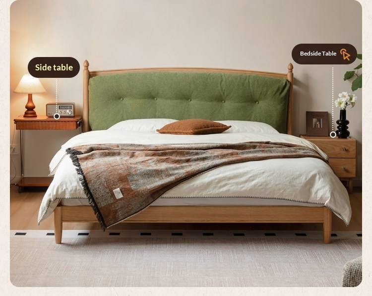 Oak Solid Wood Bed — Modern Minimalist with Genuine Leather and Soft Headboard