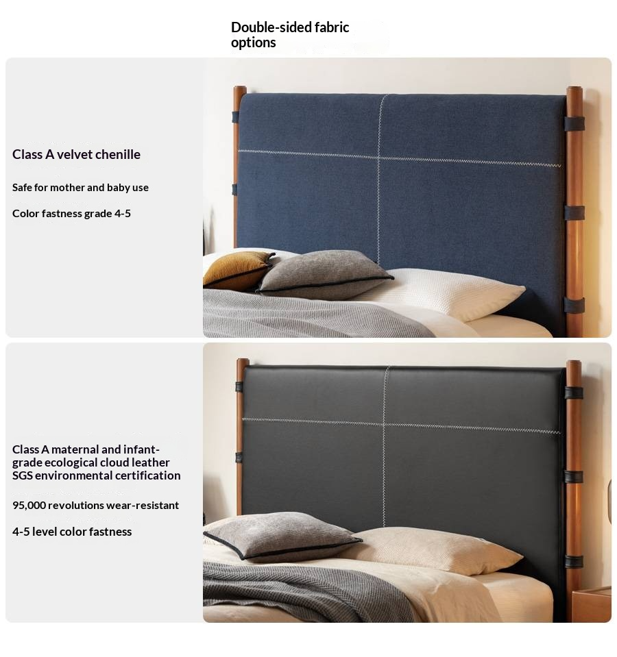 Poplar Solid Wood Bed with Vintage High Backrest and Soft Upholstery