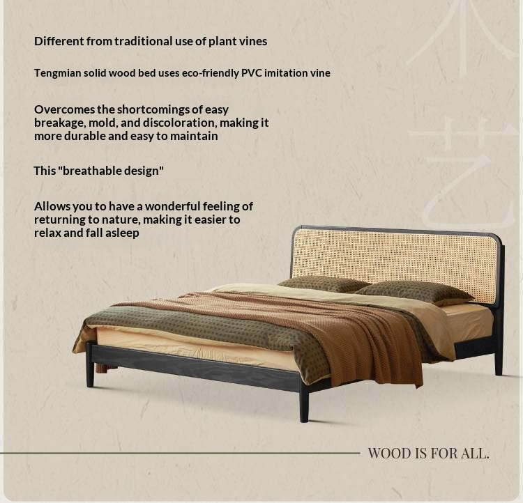 Oak Solid Wood Bed — Black Slab Rattan Vintage Style Bed