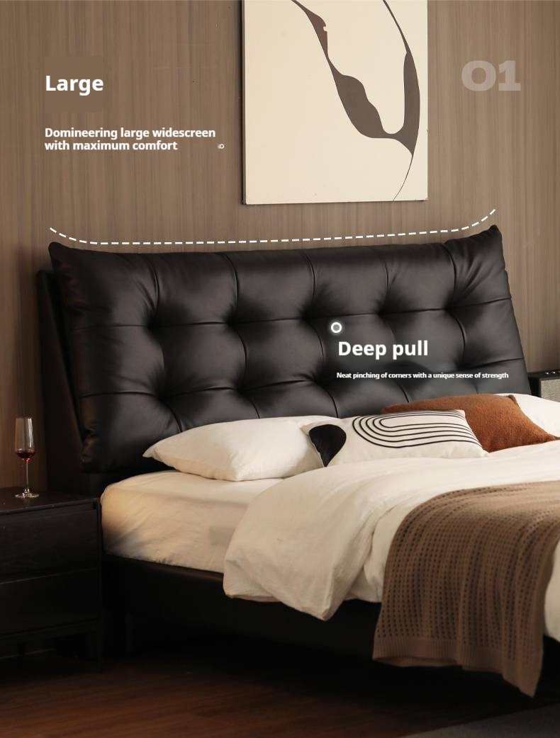 Genuine Leather Upholstered Double Bed in Solid Wood Frame