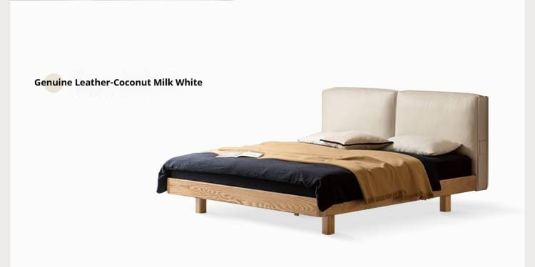 Ash Solid Wood Floating Bed — Modern Minimalist, Genuine Leather Upholstery