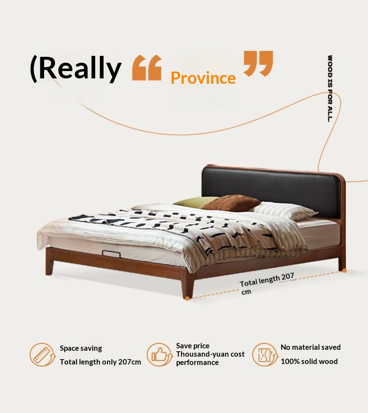 Poplar Solid Wood Bed — Vintage Style with Soft Backrest, Genuine Leather and Edge Finish