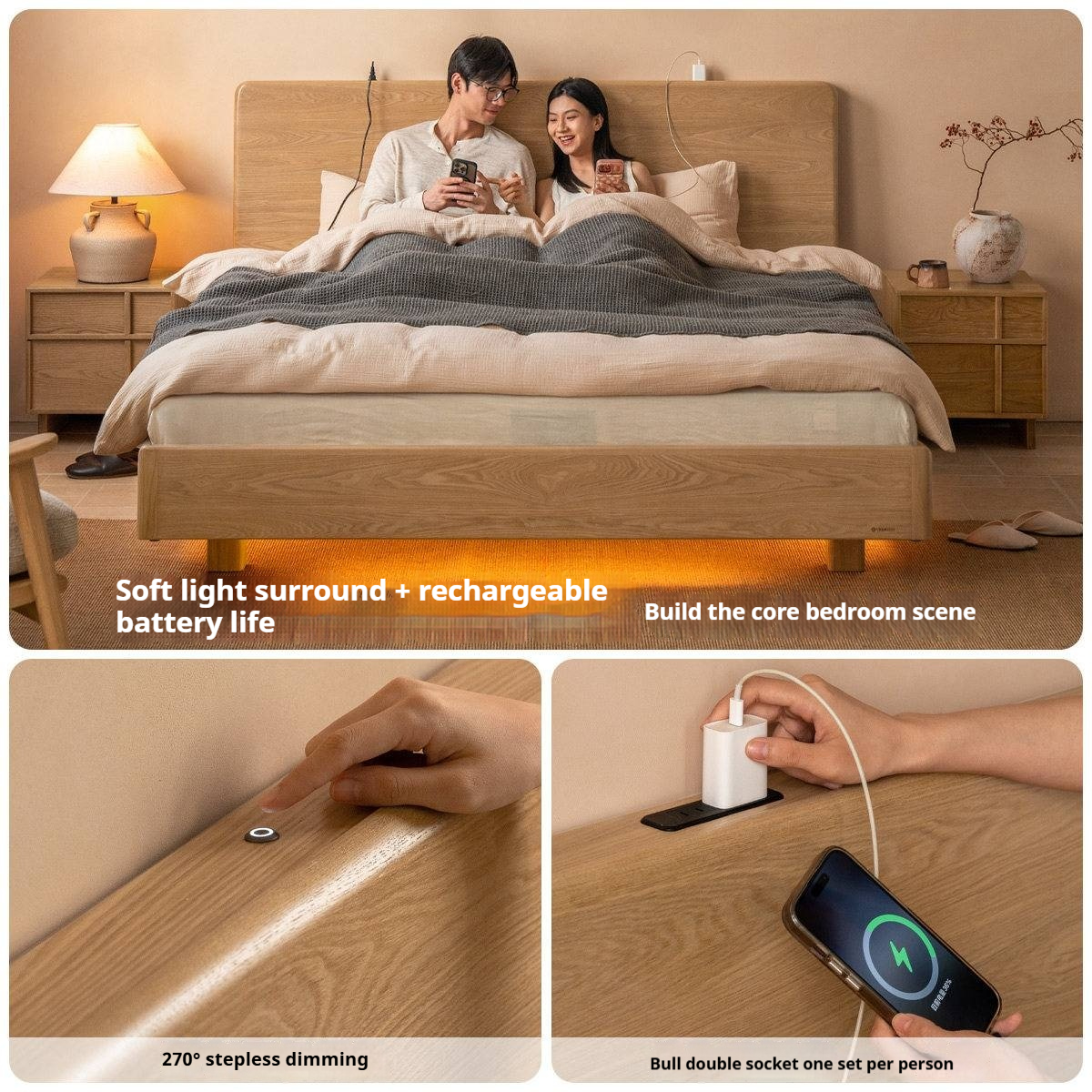 Ash Solid Wood Bed — Modern Minimalist Large Slab Design with Luminous Features