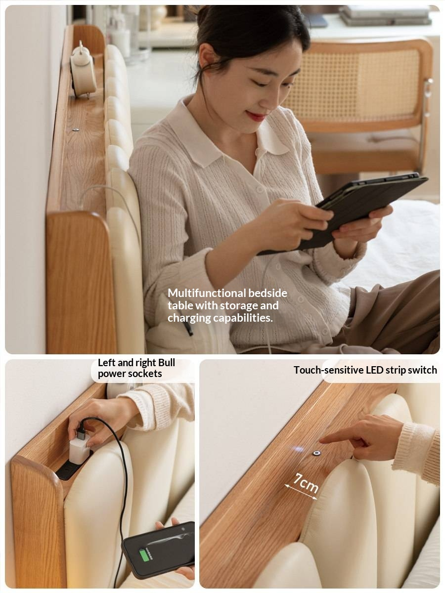 Oak Solid Wood Box Bed — Suspension and Upholstered with Genuine Leather  Piano Key Design