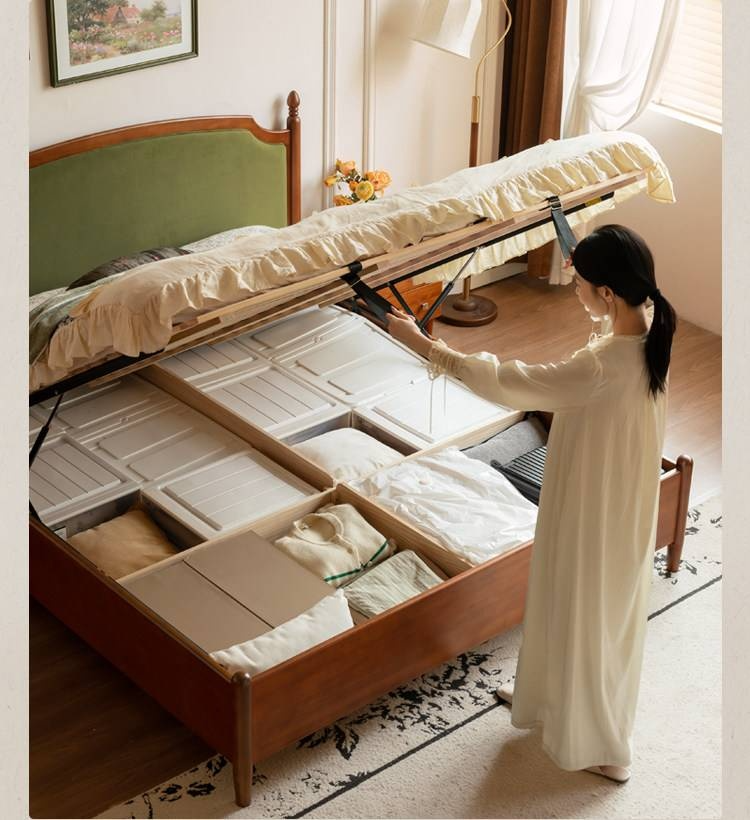 Poplar Solid Wood Box Bed — French Retro Style with Soft Backrest and Mid-Fashion Design