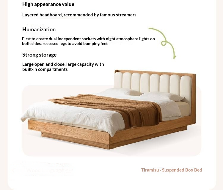 Oak Solid Wood Box Bed — Suspension and Upholstered with Genuine Leather  Piano Key Design