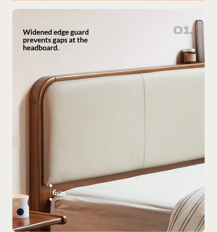 Poplar Solid Wood Bed — Vintage Style with Soft Backrest, Genuine Leather and Edge Finish