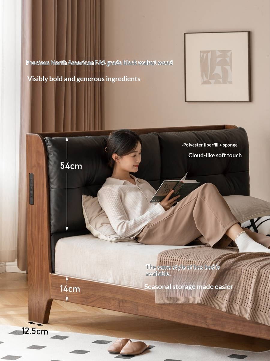 Black Walnut, Sandalwood Solid Wood Bed — Genuine Leather Upholstered, Simple Luxury Design