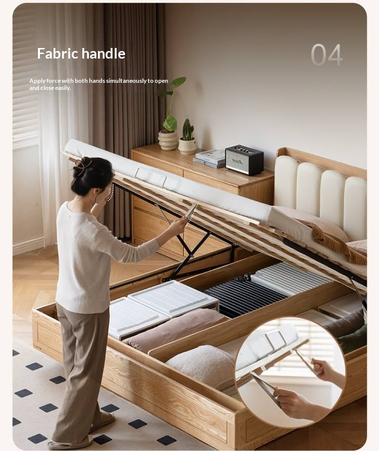 Oak Solid Wood Box Bed — Suspension and Upholstered with Genuine Leather  Piano Key Design