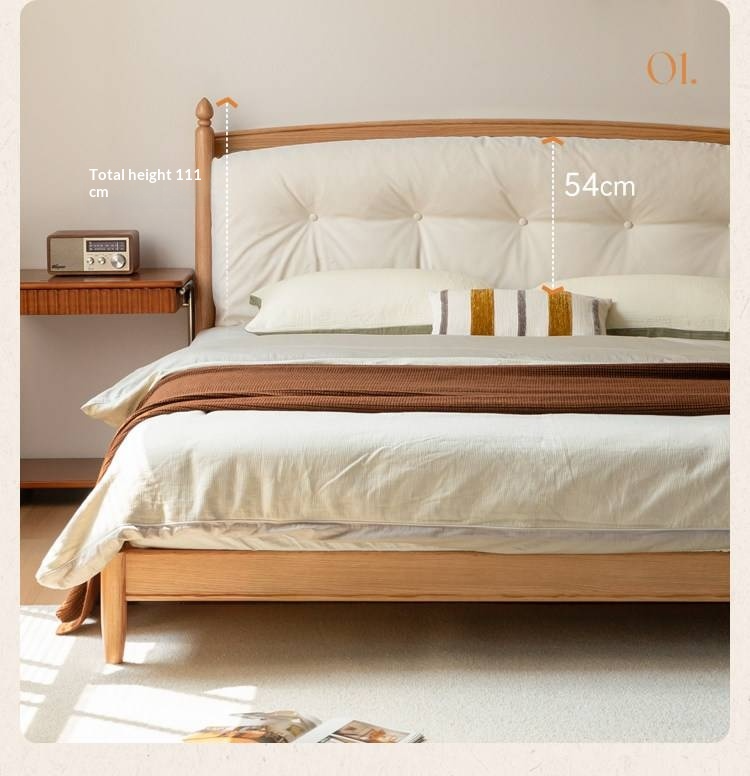Oak Solid Wood Bed — Modern Minimalist with Genuine Leather and Soft Headboard