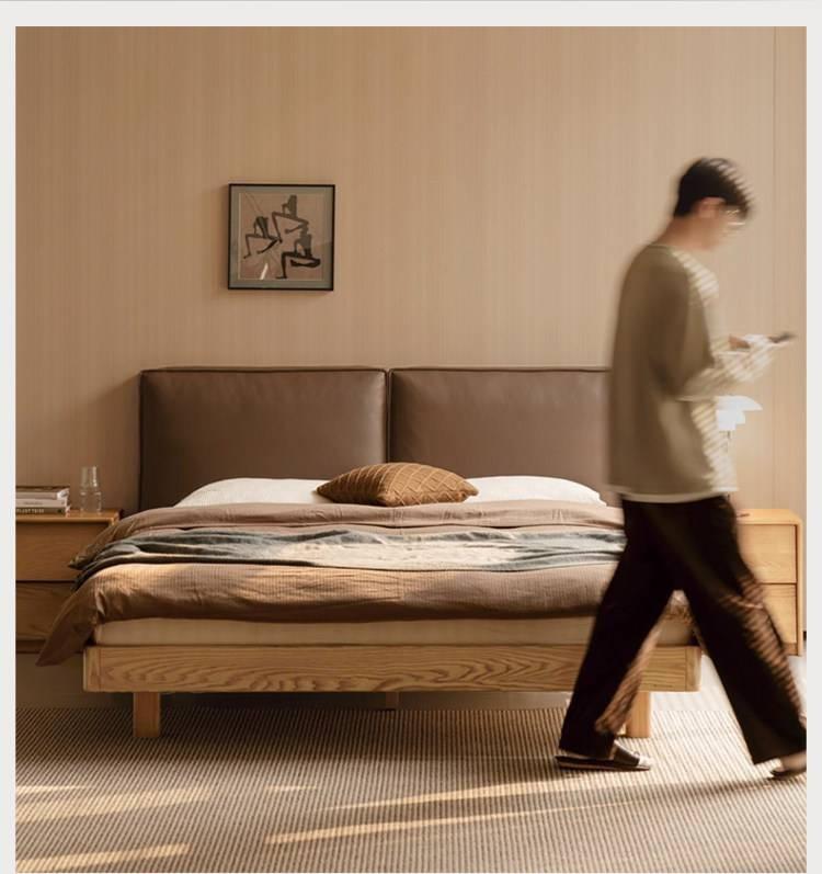 Ash Solid Wood Floating Bed — Modern Minimalist, Genuine Leather Upholstery