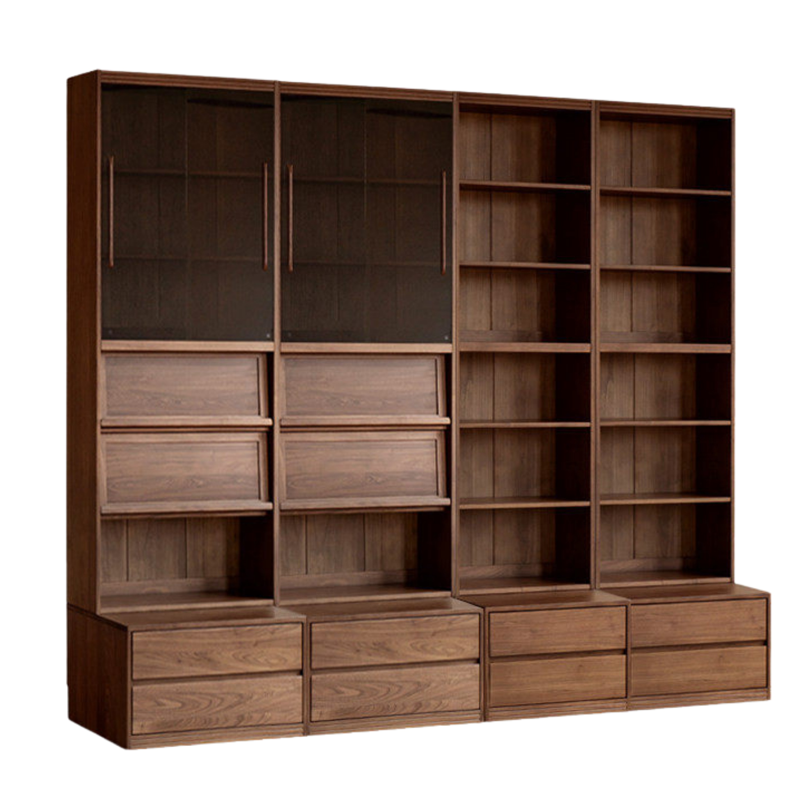 Black Walnut, Sandalwood Solid Wood Light Luxury Combined Bookshelf With Seat