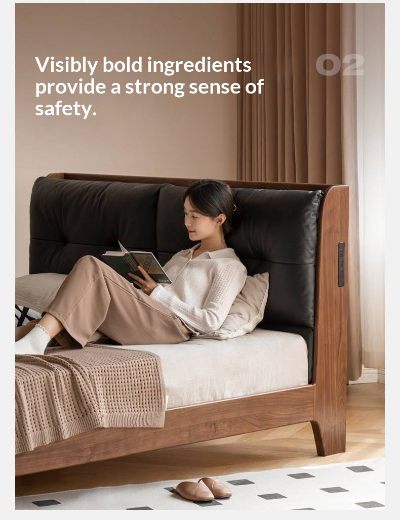 Black Walnut, Sandalwood Solid Wood Bed — Genuine Leather Upholstered, Simple Luxury Design