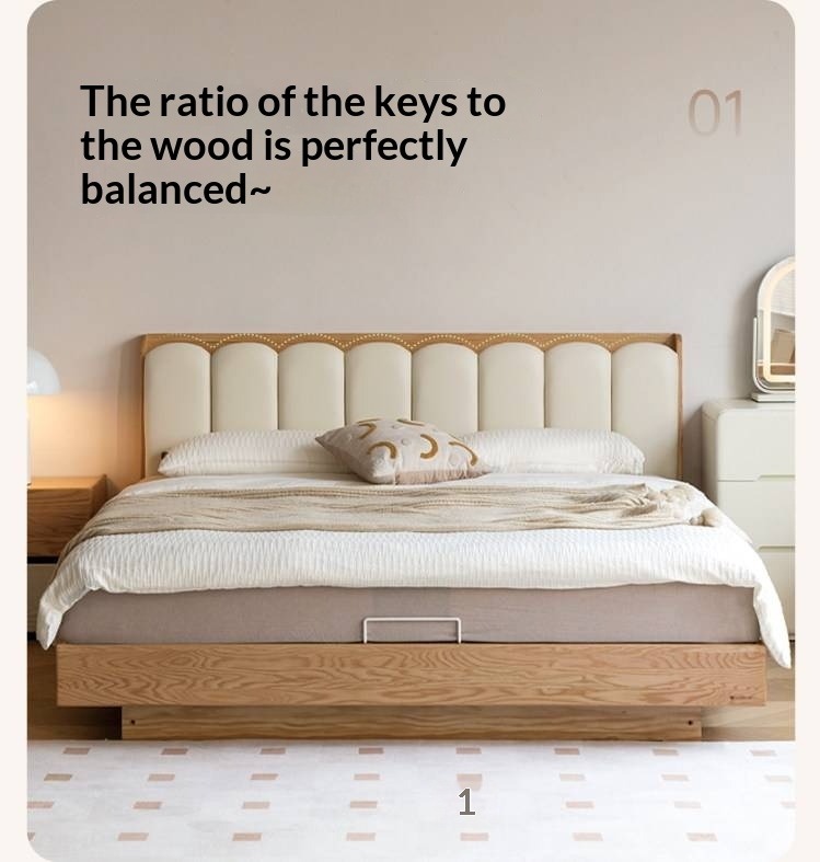 Oak Solid Wood Box Bed — Suspension and Upholstered with Genuine Leather  Piano Key Design