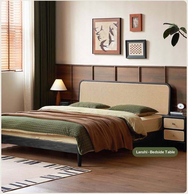 Oak Solid Wood Bed — Black Slab Rattan Vintage Style Bed