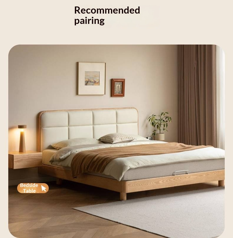 Ash Solid Wood Bed with Top Grain Cowhide Upholstery in Modern Minimalist Style